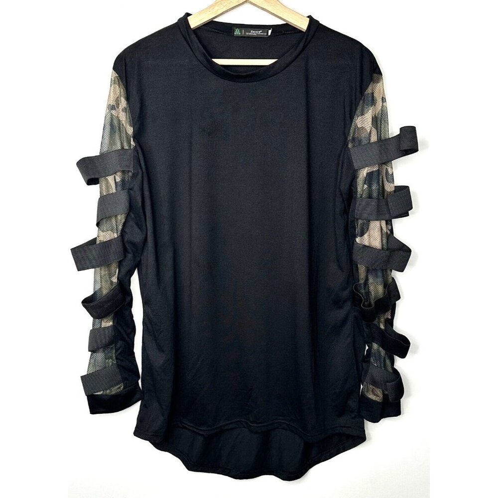 Zacard Mens Shirt Gothic Punk Combat Mesh Camouflage Straps Halloween Black 2XL